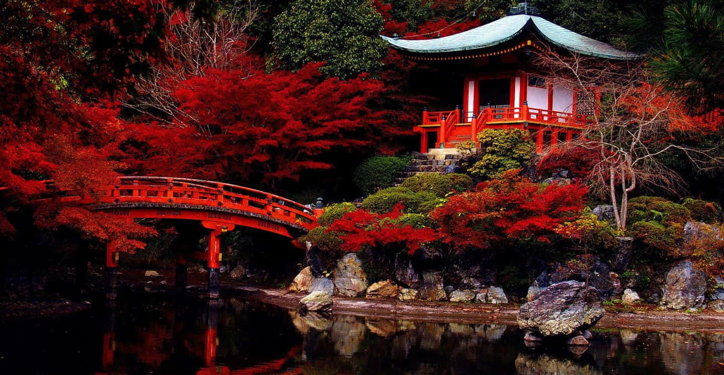 Feudal Japan, red Japanese bridge, calm water, HD Desktop Wallpaper
