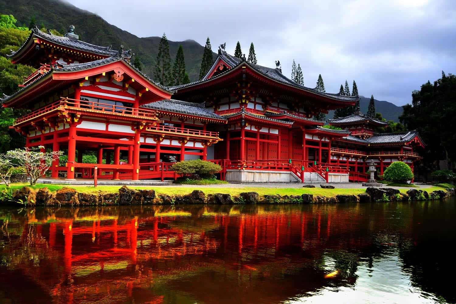 Feudal Japan, red traditional Japanese temple, black tiled roofs, HD Desktop Wallpaper
