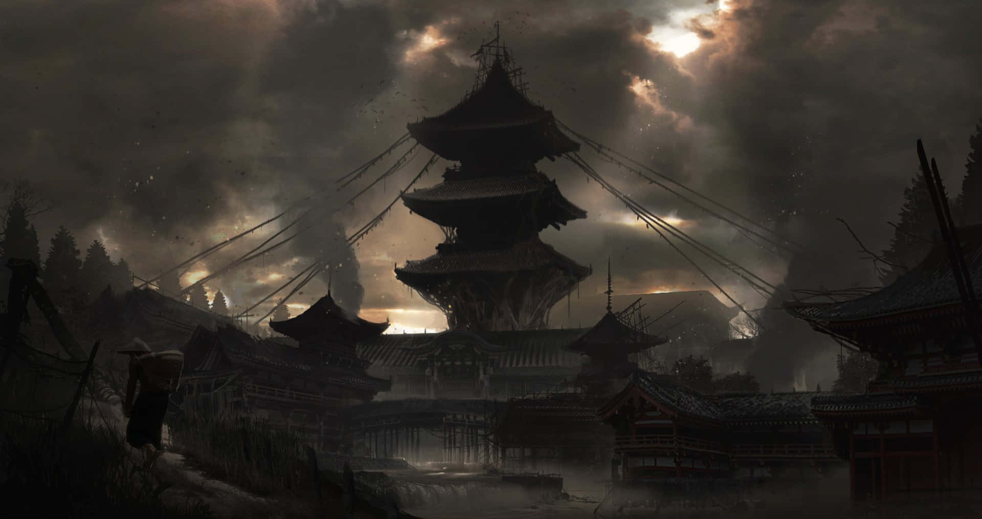 Feudal Japan, ancient Japanese temple ruins, stormy twilight sky, Full HD Desktop Wallpaper