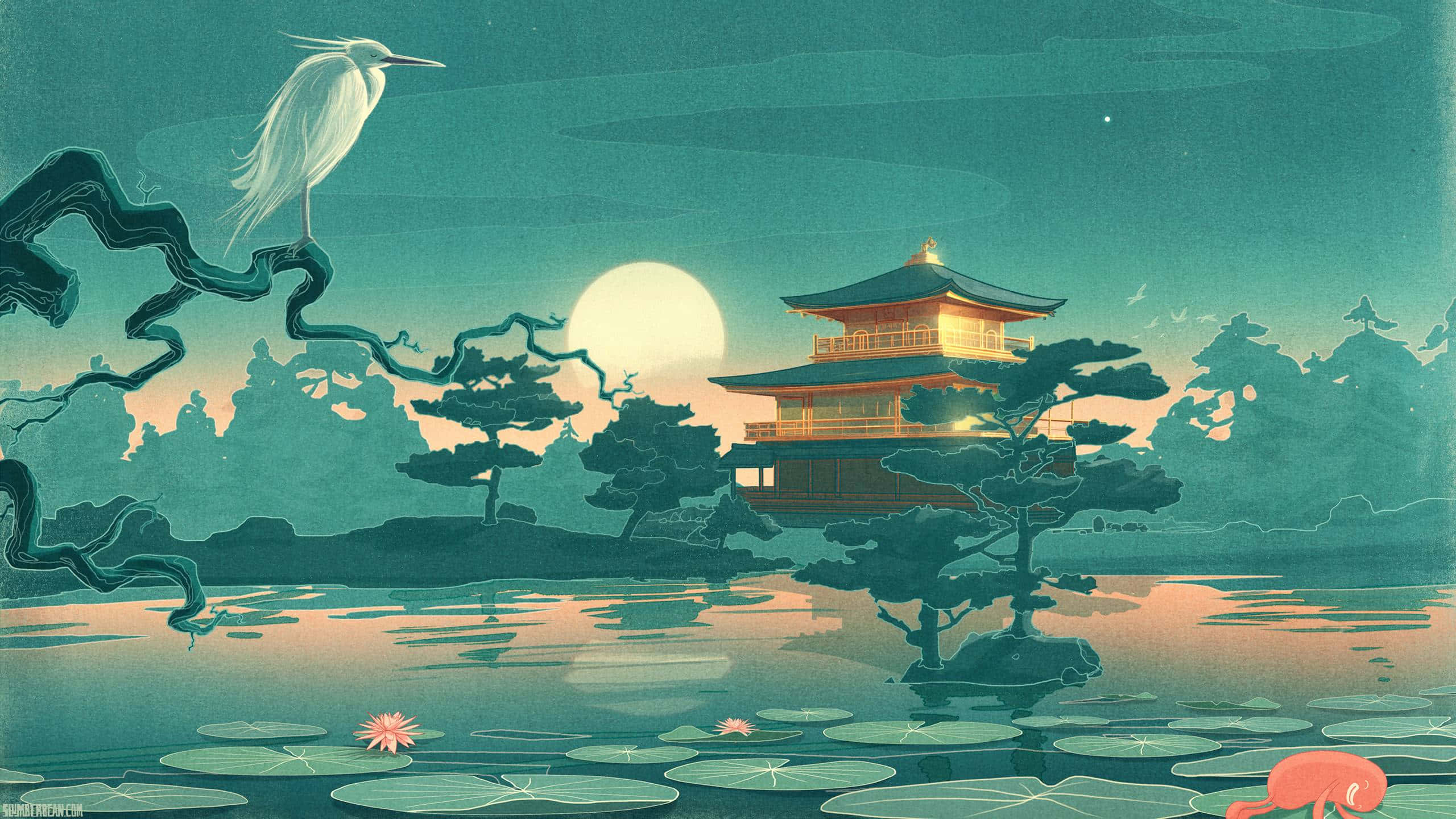 Feudal Japan, moonlit Japanese pagoda, white heron, 2K Desktop Wallpaper