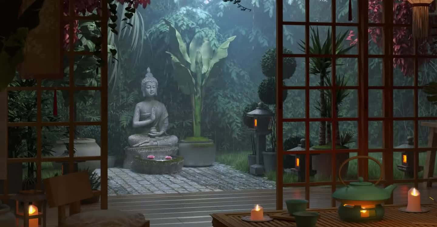 Feudal Japan, tea setting, misty garden, HD Desktop Wallpaper