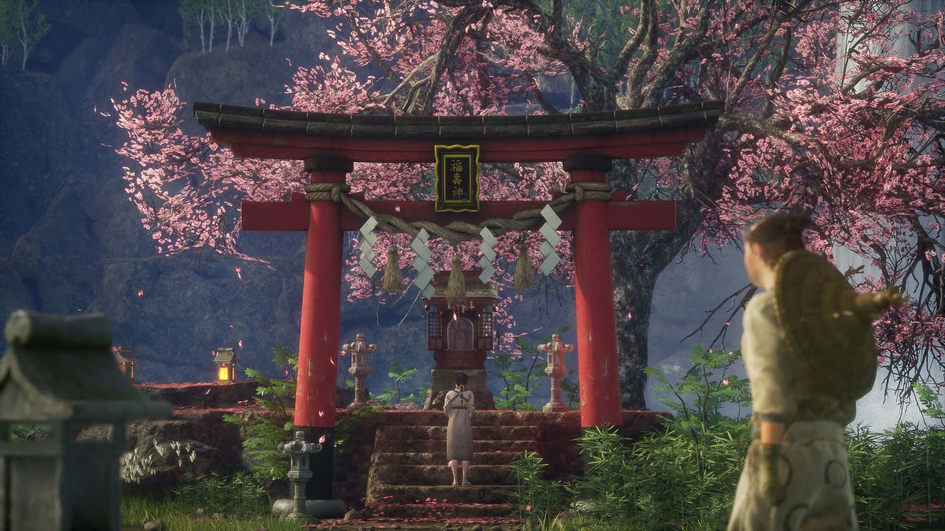 Feudal Japan, shrine, cherry blossoms, Full HD Desktop Wallpaper