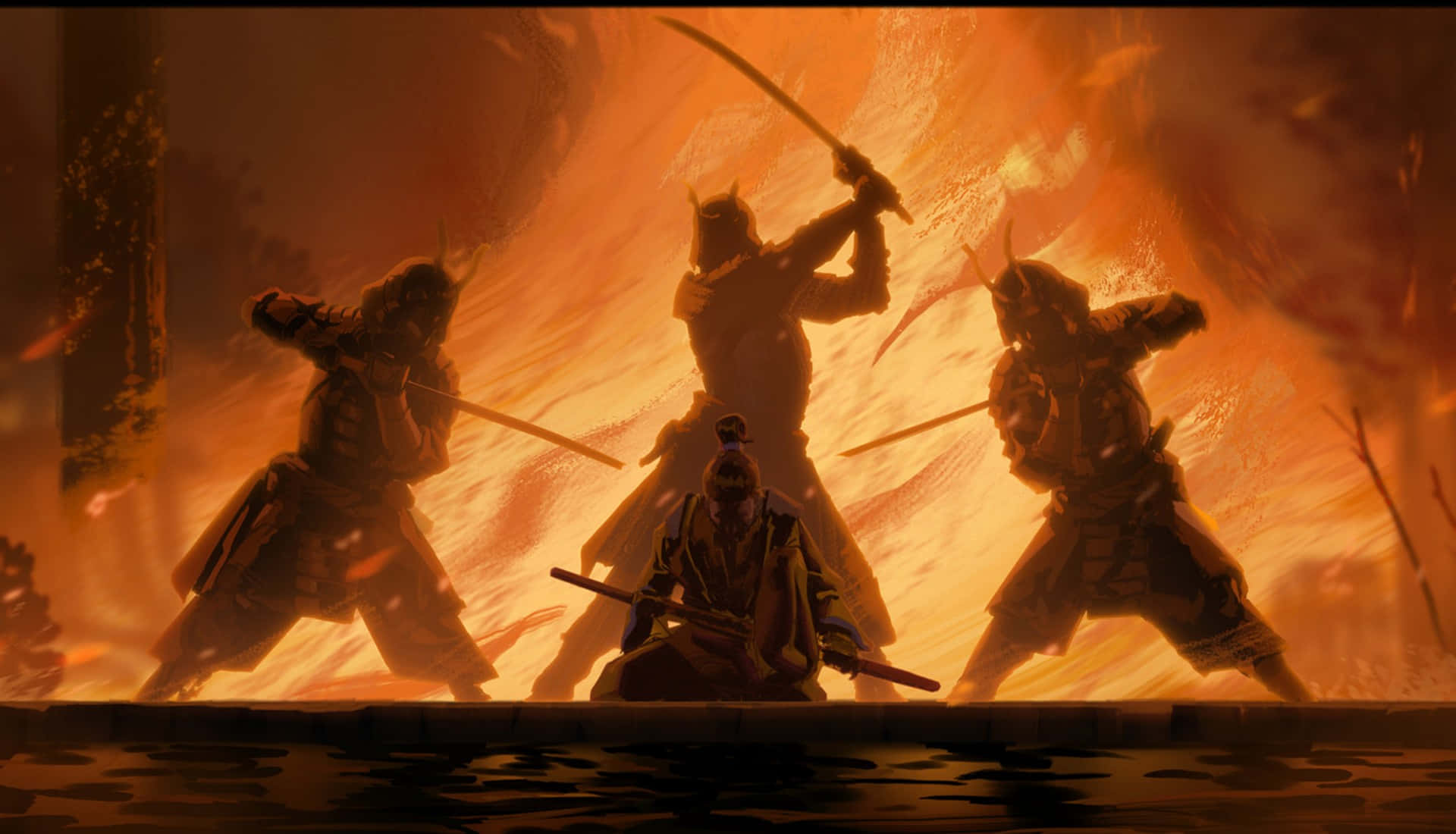 Feudal Japan, samurai warriors, fiery orange light, Full HD Desktop Wallpaper