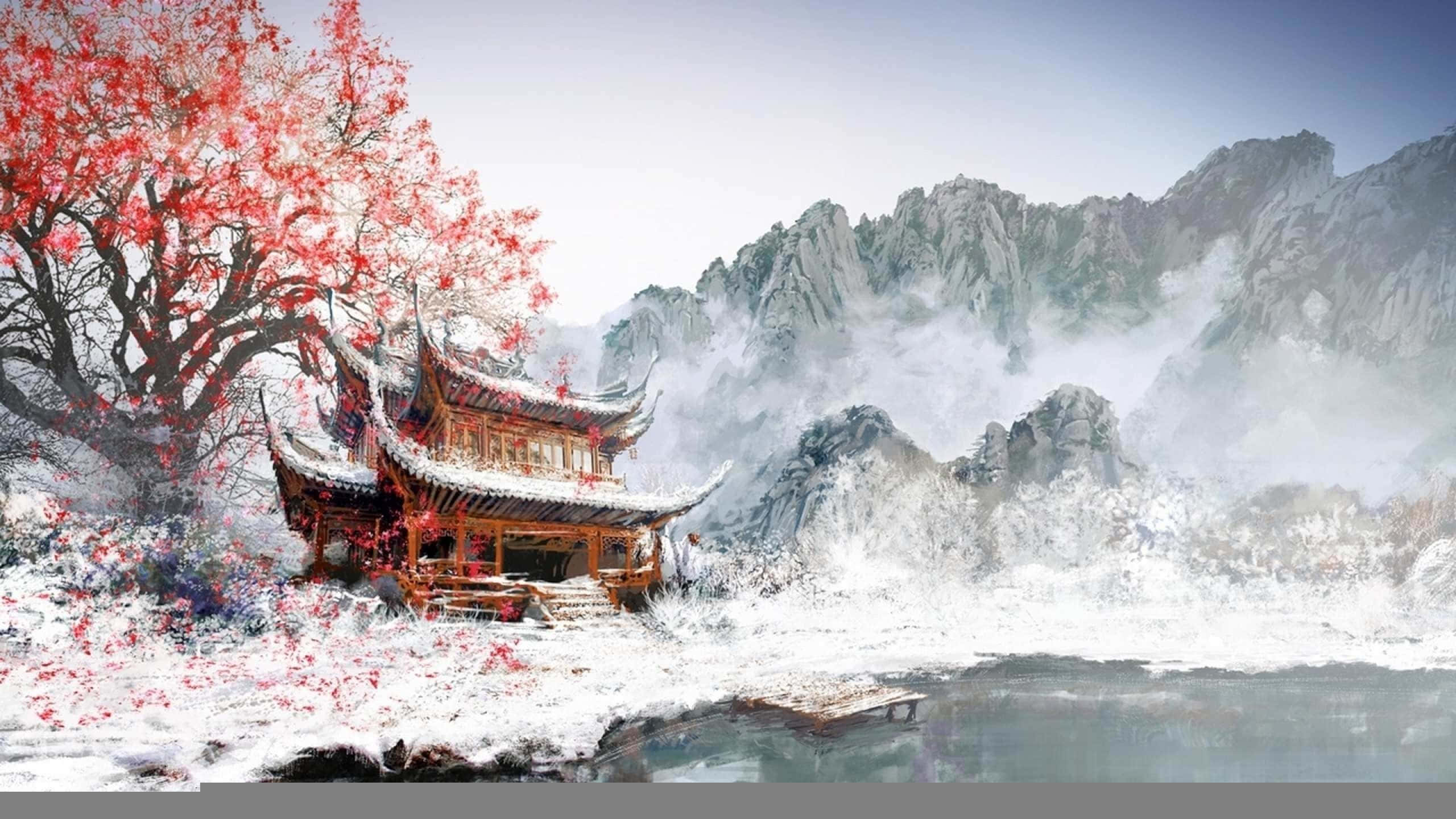 Feudal Japan, wooden pavilion, snowy river, 2K Desktop Wallpaper