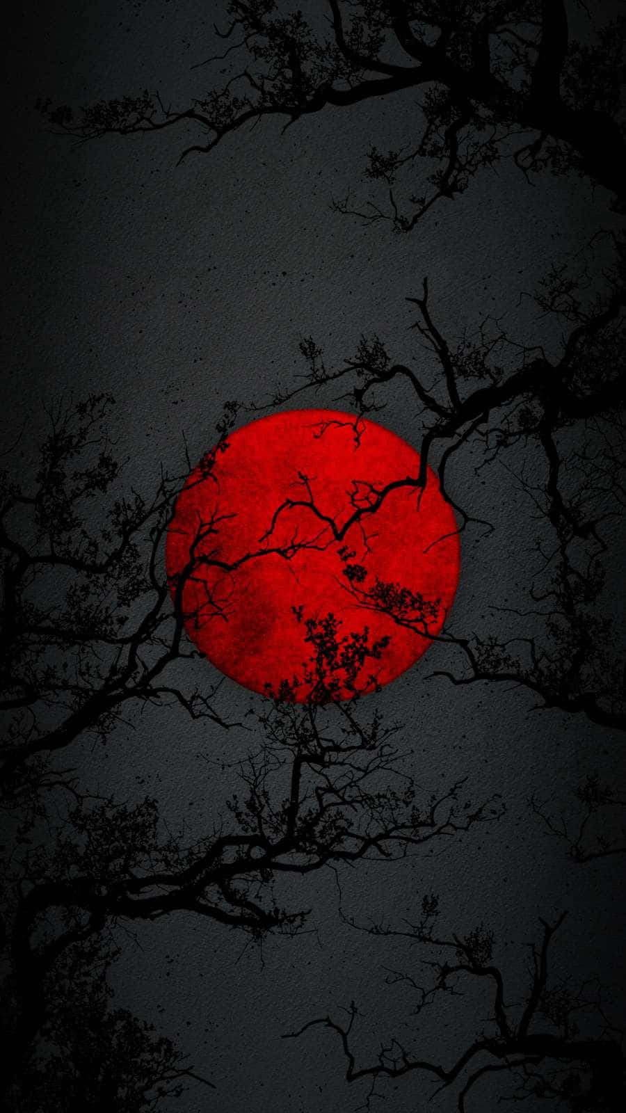 dark japan, haunting red full moon, stark black tree branches, HD Phone Wallpaper