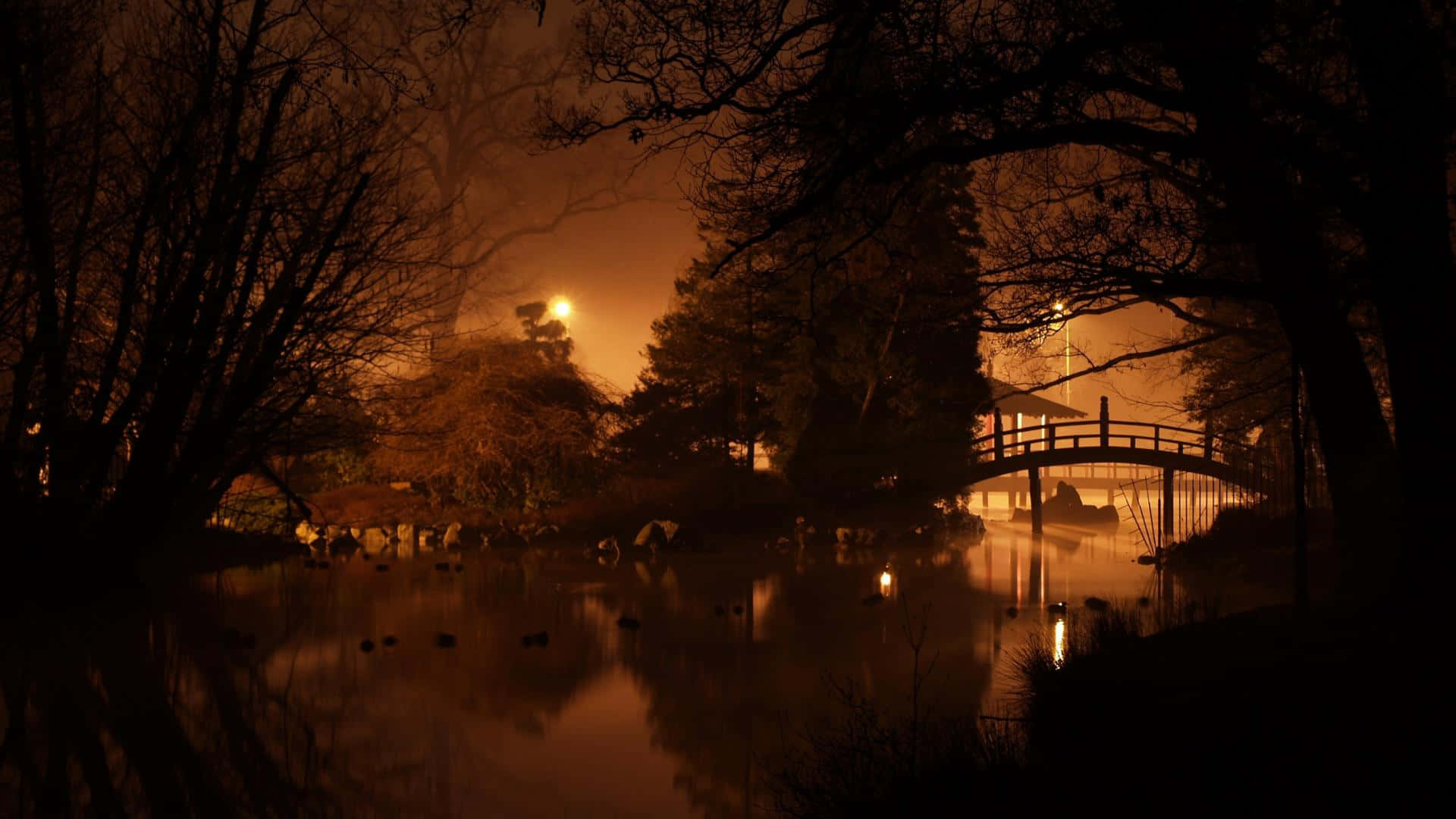 Traditional Japanese Architecture, wooden bridge, calm pond, Full HD Desktop Wallpaper