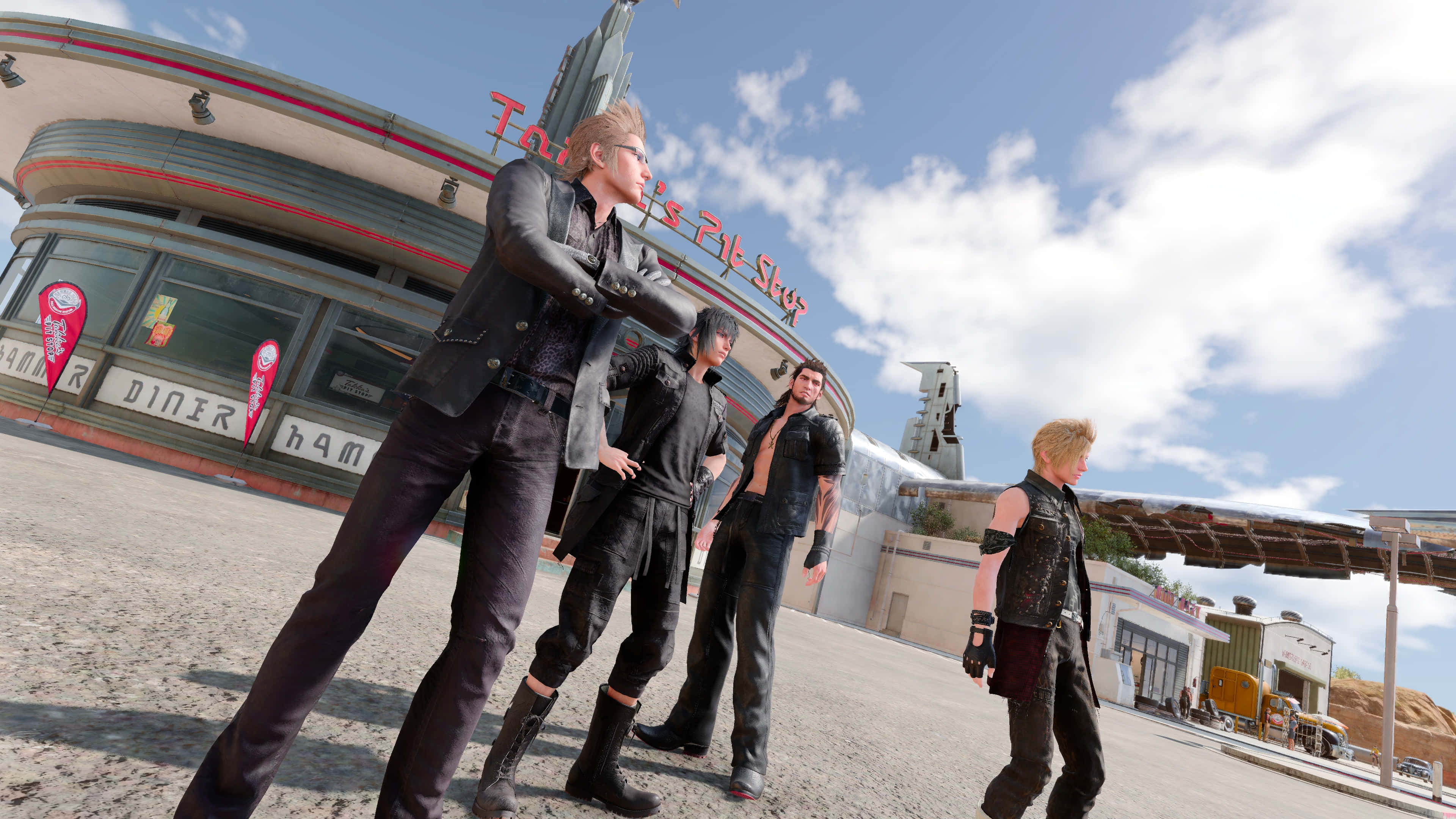 Ff 15, retro diner, dark leather outfits, 4K Desktop Wallpaper