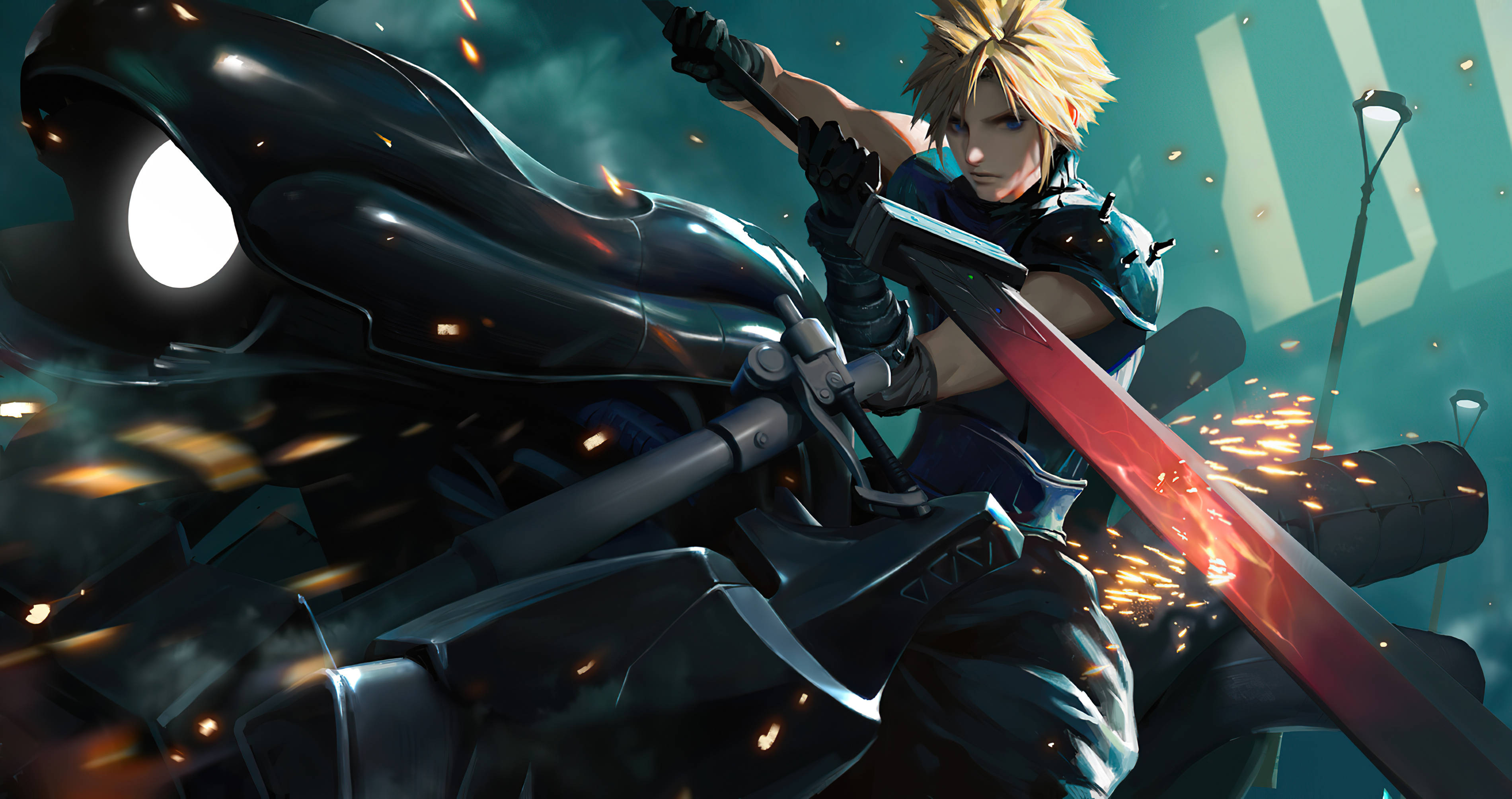 FF7, Cloud, glowing red sword, 2K Desktop Wallpaper