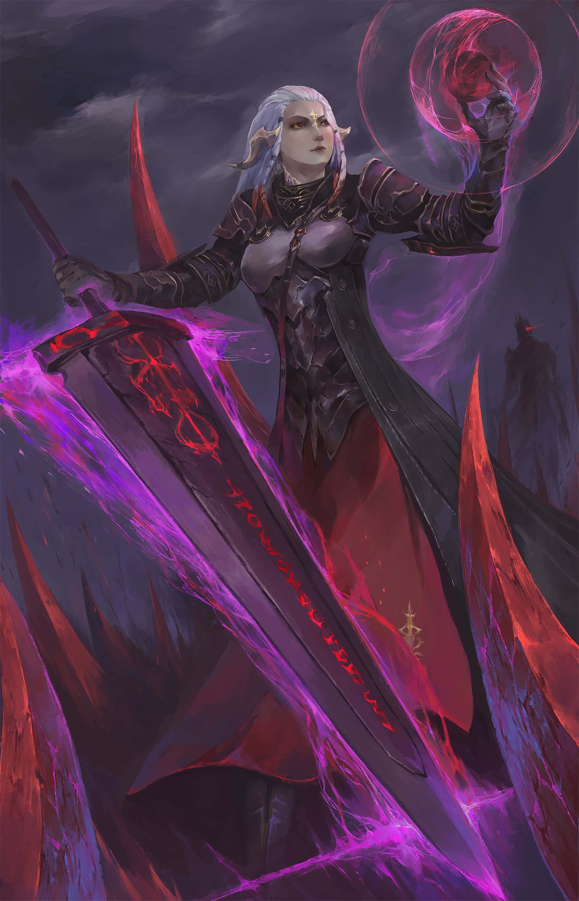 Ffxiv Dark Knight, glowing purple sword, swirling red orb, 2K Phone Wallpaper