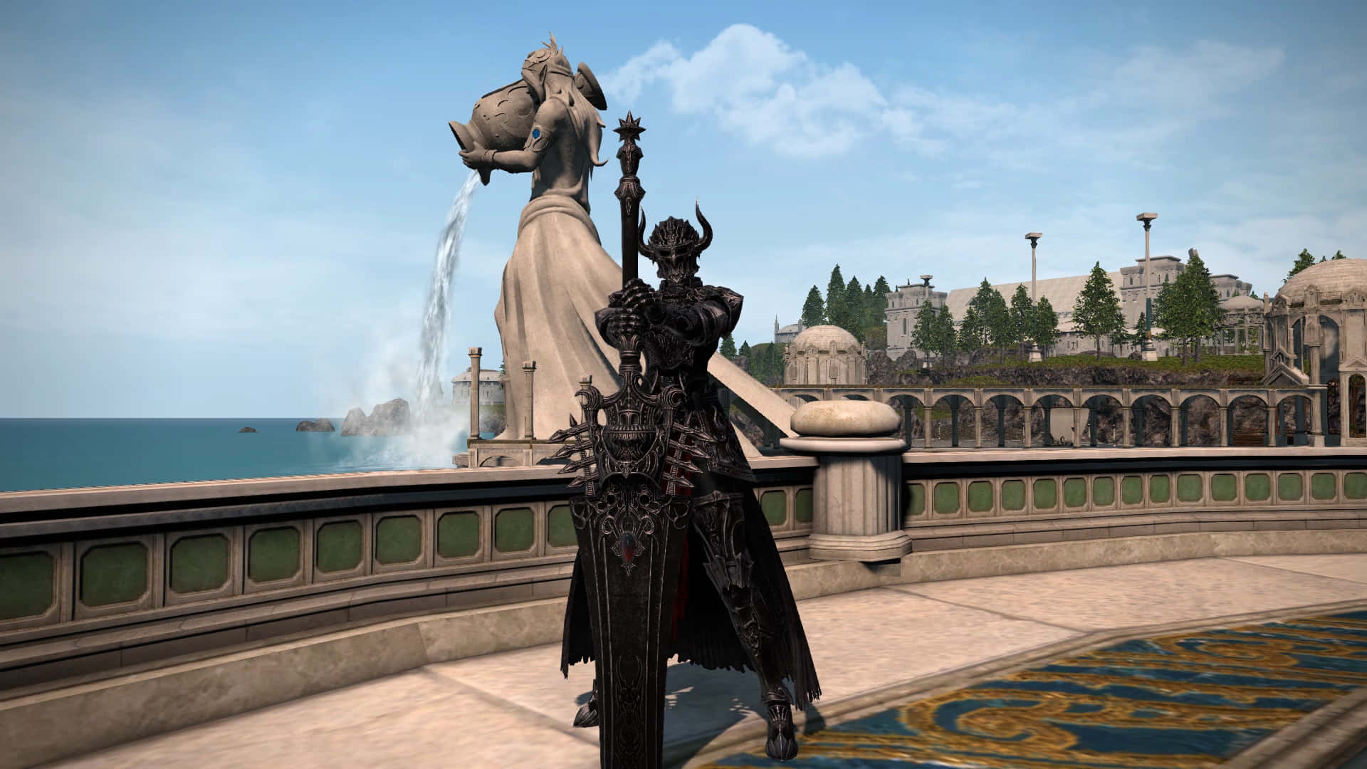 Ffxiv Dark Knight, stone balcony, sea, Full HD Desktop Wallpaper
