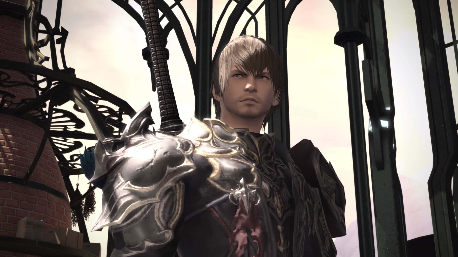 Ffxiv Dark Knight, ornate silver armor, gothic iron gate, Full HD Desktop Wallpaper