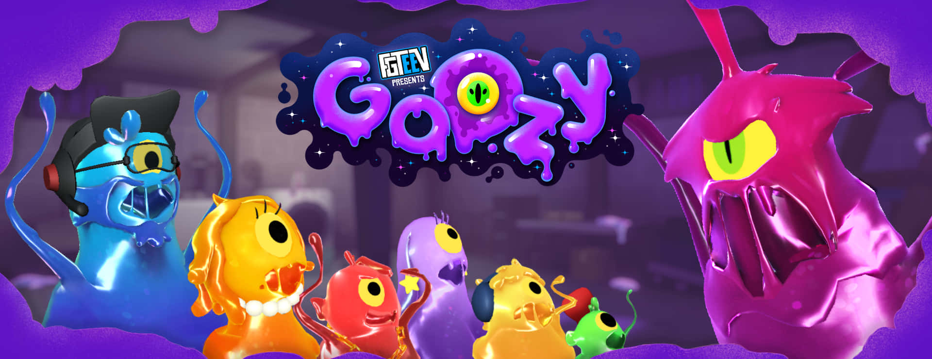 Fgteev, purple title logo, vibrant cartoon monsters, Full HD Desktop Wallpaper