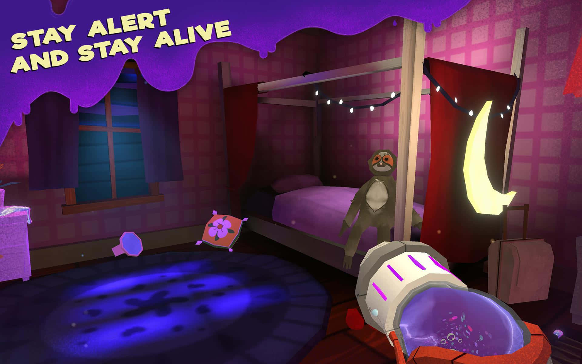 Fgteev, cartoon sloth, purple-lit bedroom, Full HD Desktop Wallpaper