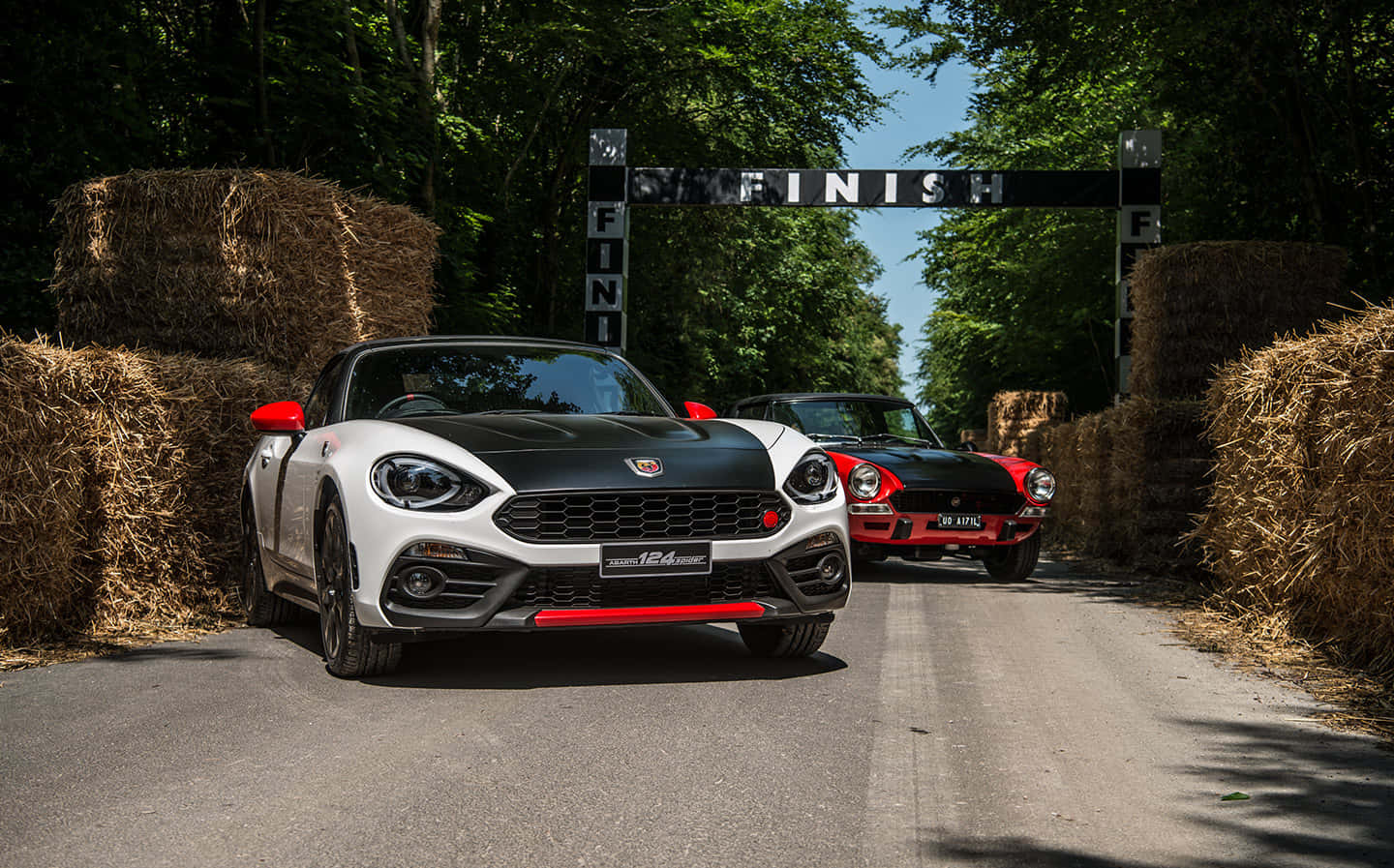 Fiat 124 Spider, tree-lined track, hay bales, HD Desktop Wallpaper