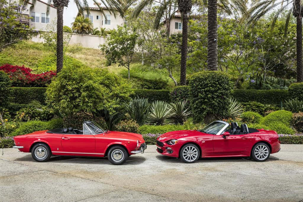 Fiat 124 Spider, vibrant red, stone driveway, SD Desktop Wallpaper