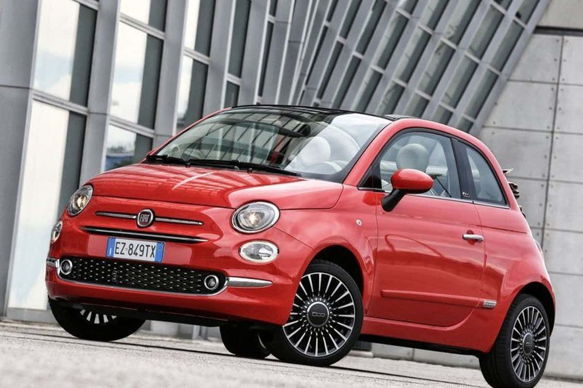 Fiat 500, vibrant red, modern glass and steel building, SD Desktop Wallpaper