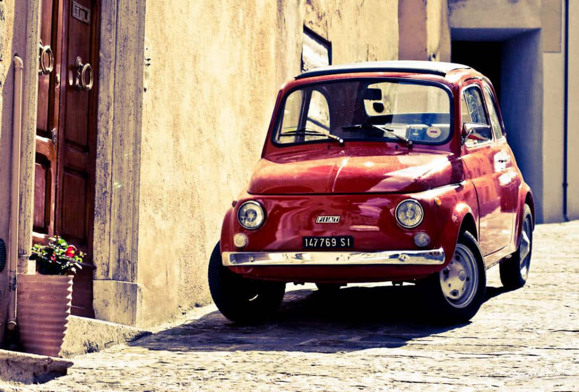 Fiat 500, vintage red, cobblestone street, SD Desktop Wallpaper