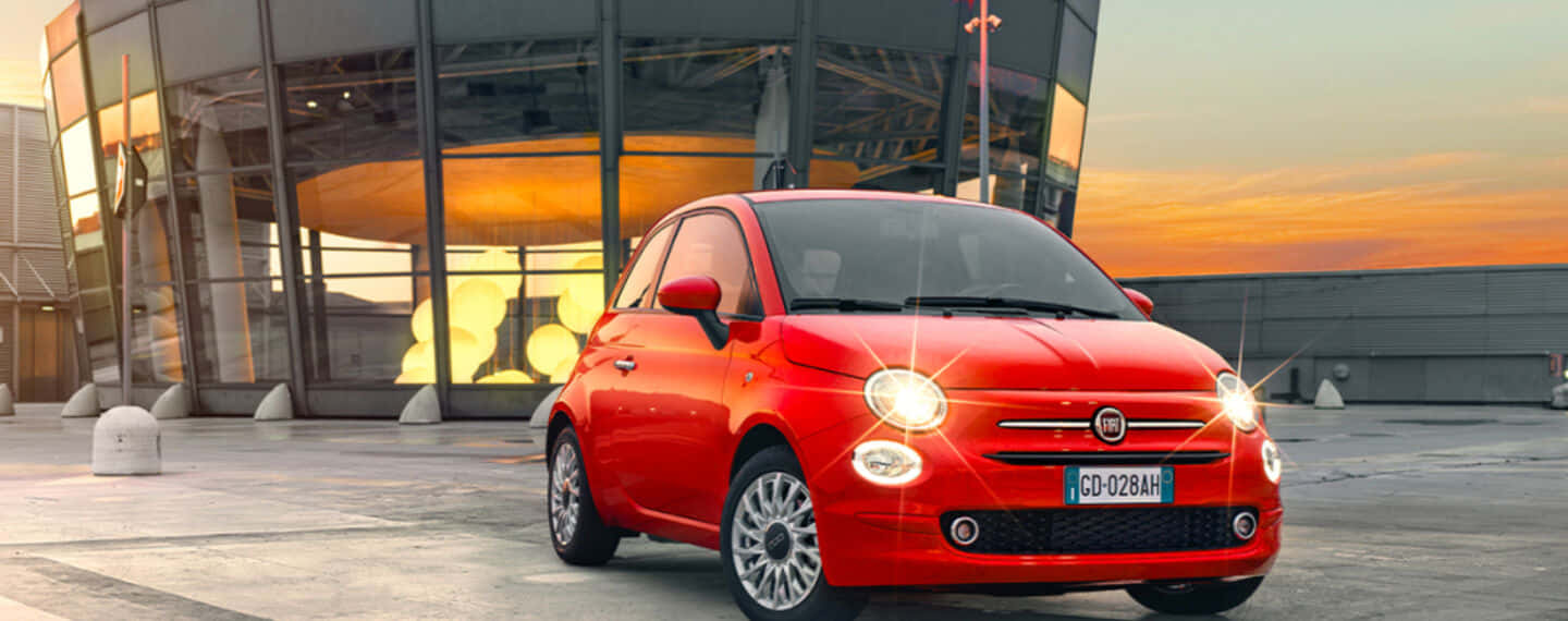 Fiat 500, vibrant red, modern glass building, HD Desktop Wallpaper