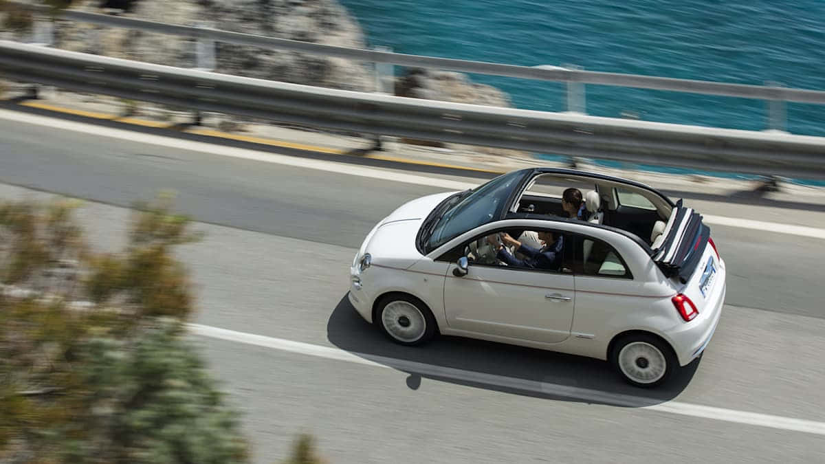 Fiat 500, white convertible, coastal highway, SD Desktop Wallpaper