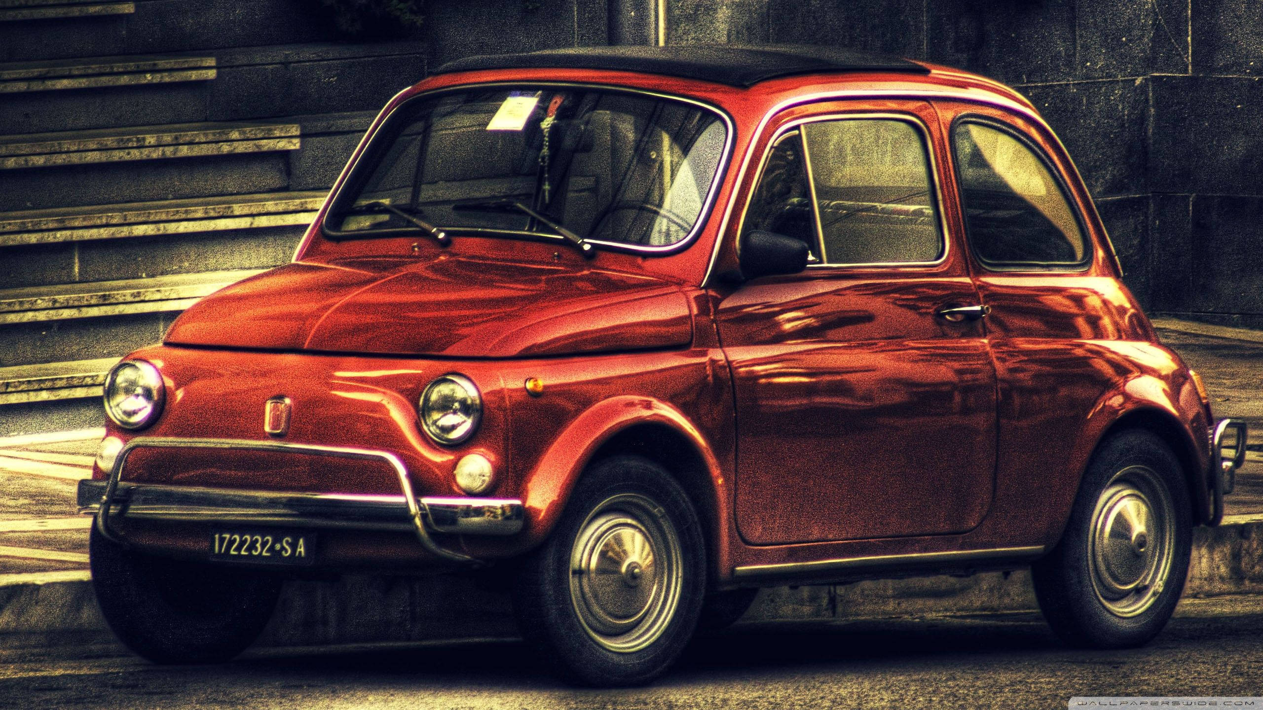 Fiat 500, vintage red, urban street, 2K Desktop Wallpaper