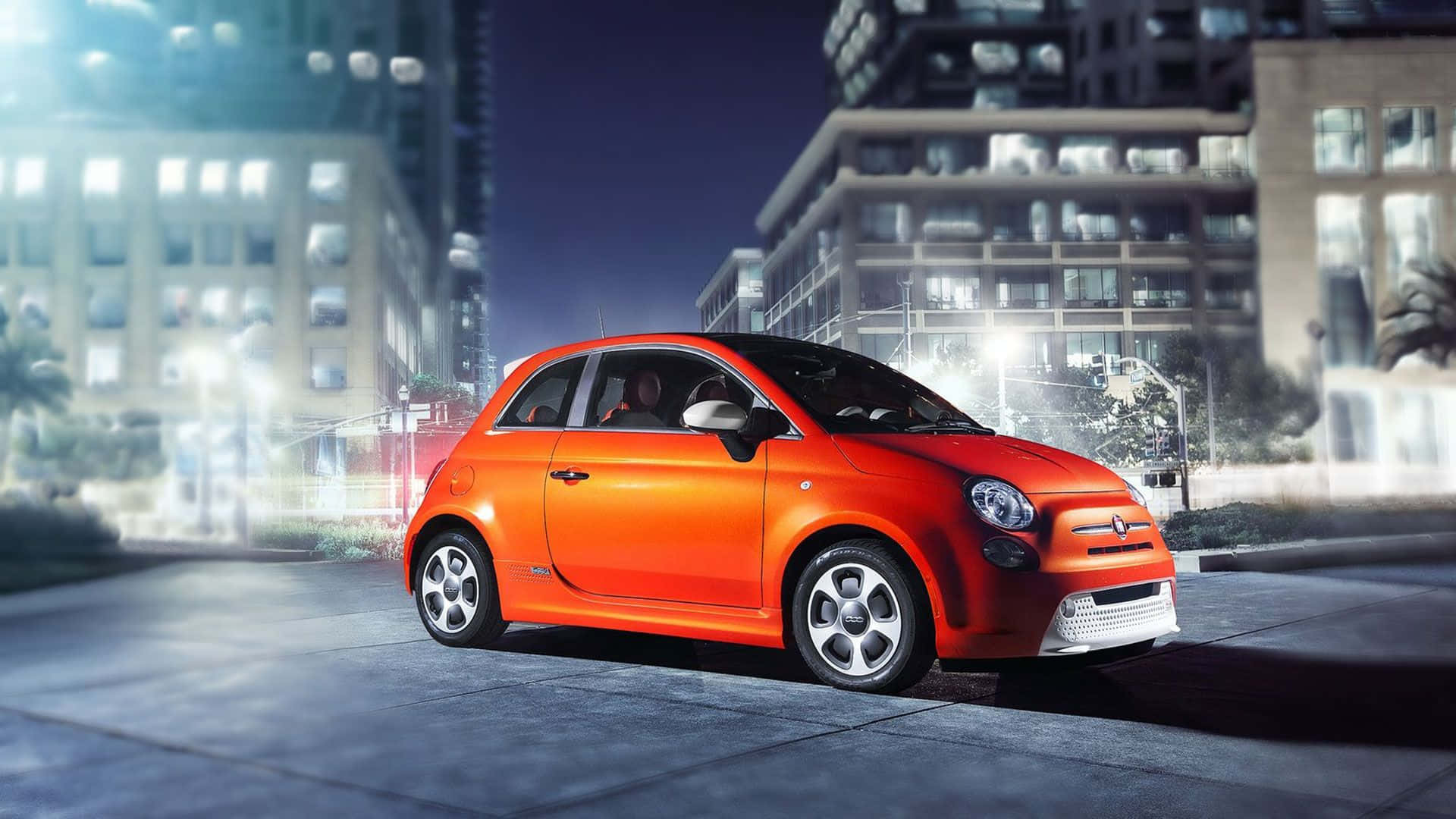 Fiat 500L, vibrant orange, wet city street, Full HD Desktop Wallpaper