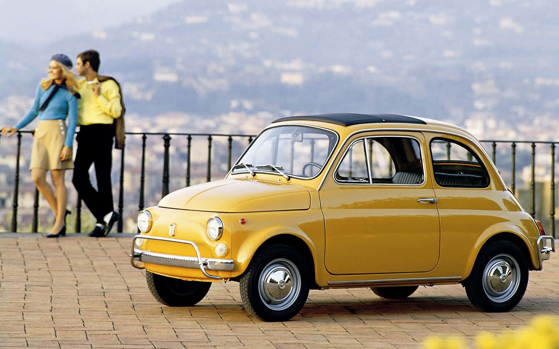 Fiat Cinquecento, vintage yellow, stone terrace, Full HD Desktop Wallpaper