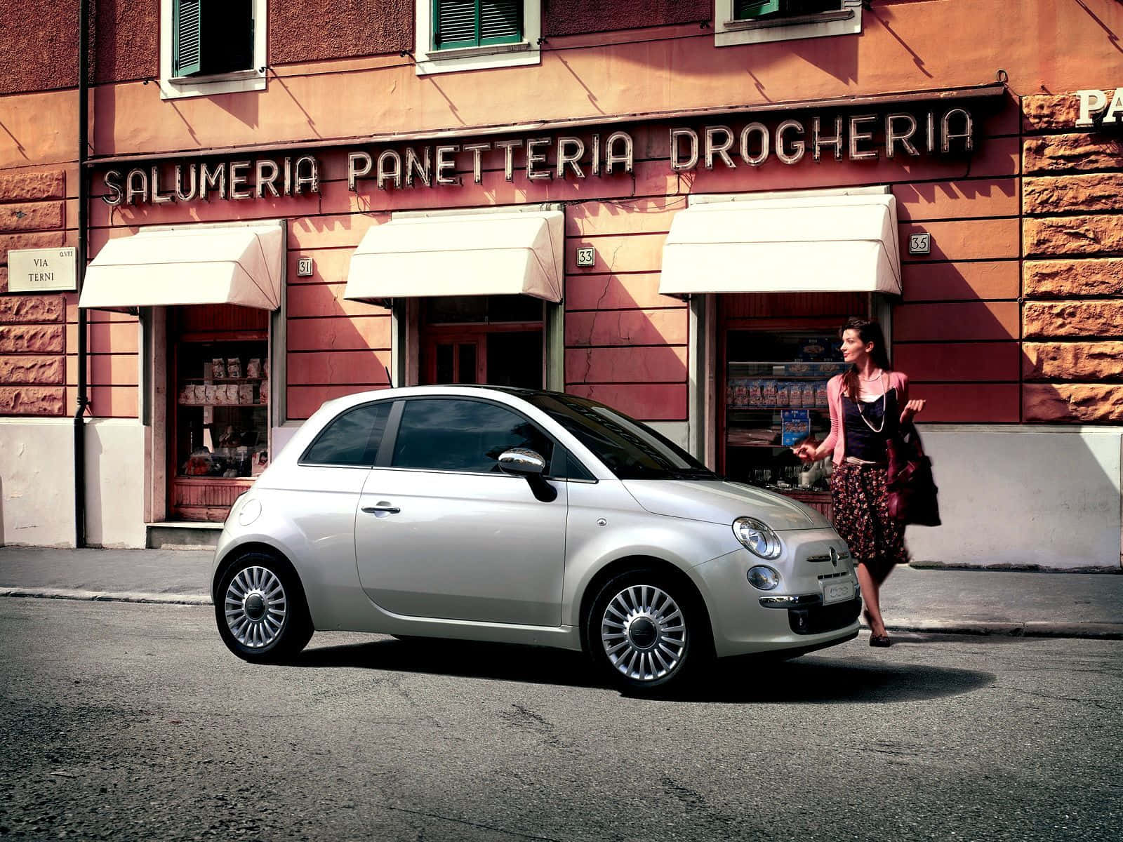 Fiat 500, silver, sunlit European street, HD Desktop Wallpaper