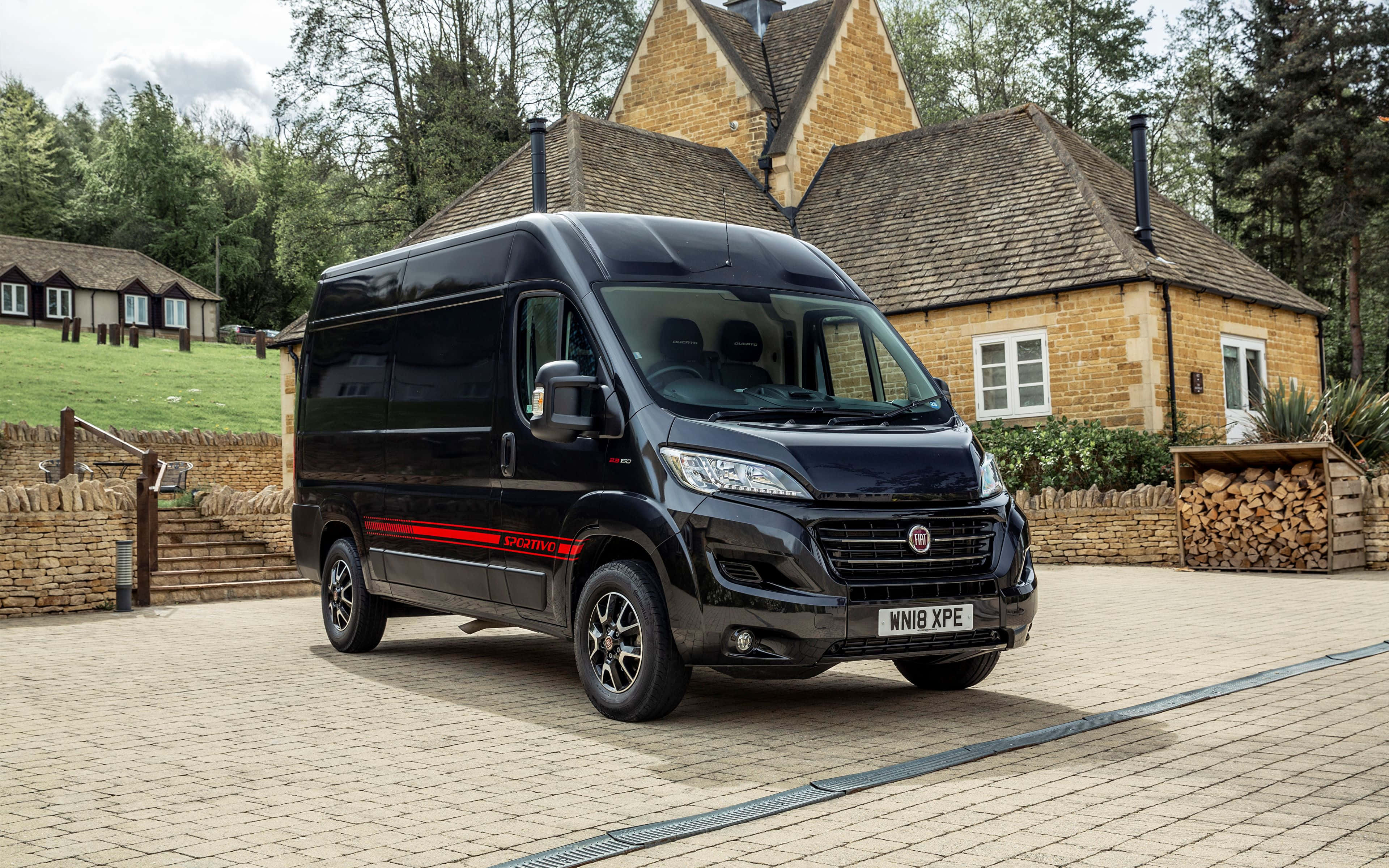 Fiat Ducato, black van, red racing stripes, 4K Desktop Wallpaper