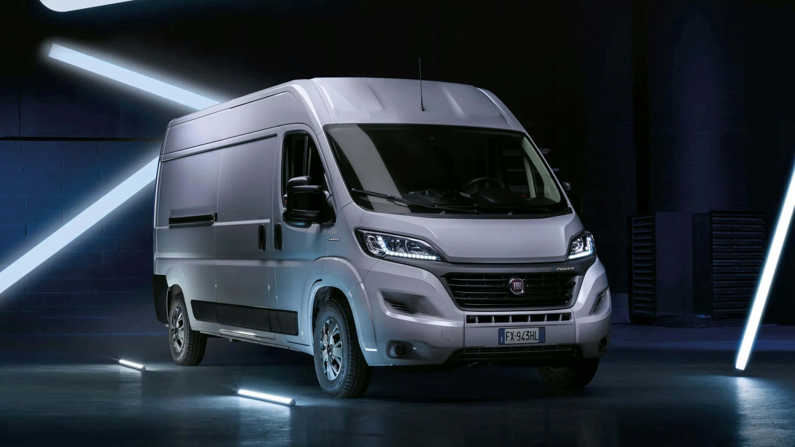 Fiat Ducato, silver, neon lights, 2K Desktop Wallpaper