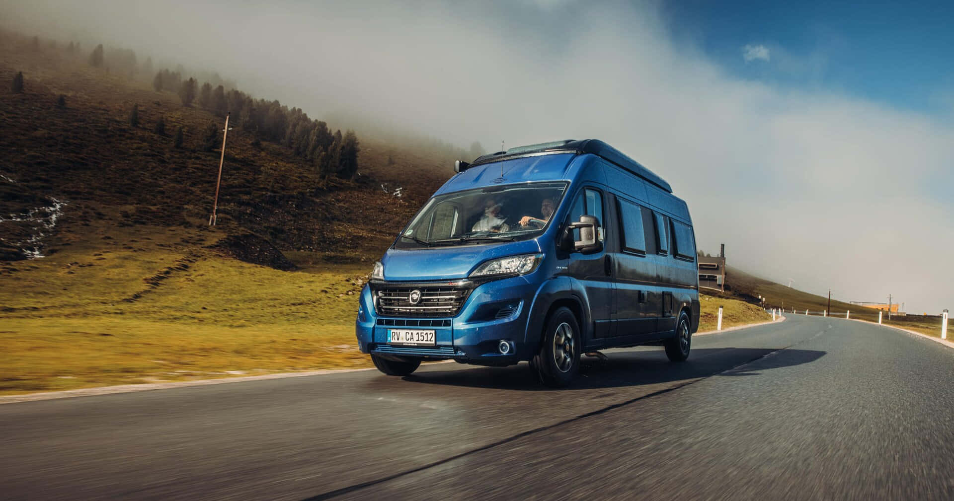 Fiat Ducato, blue, mountain road, Full HD Desktop Wallpaper