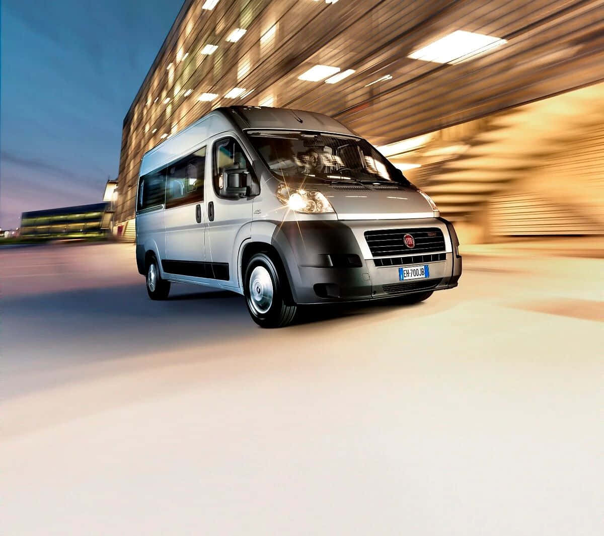 Fiat Ducato, silver, modern building, SD Desktop Wallpaper