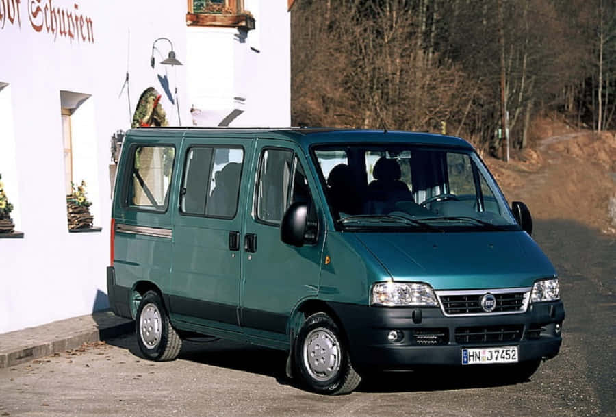 Fiat Ducato, teal, white building, SD Desktop Wallpaper