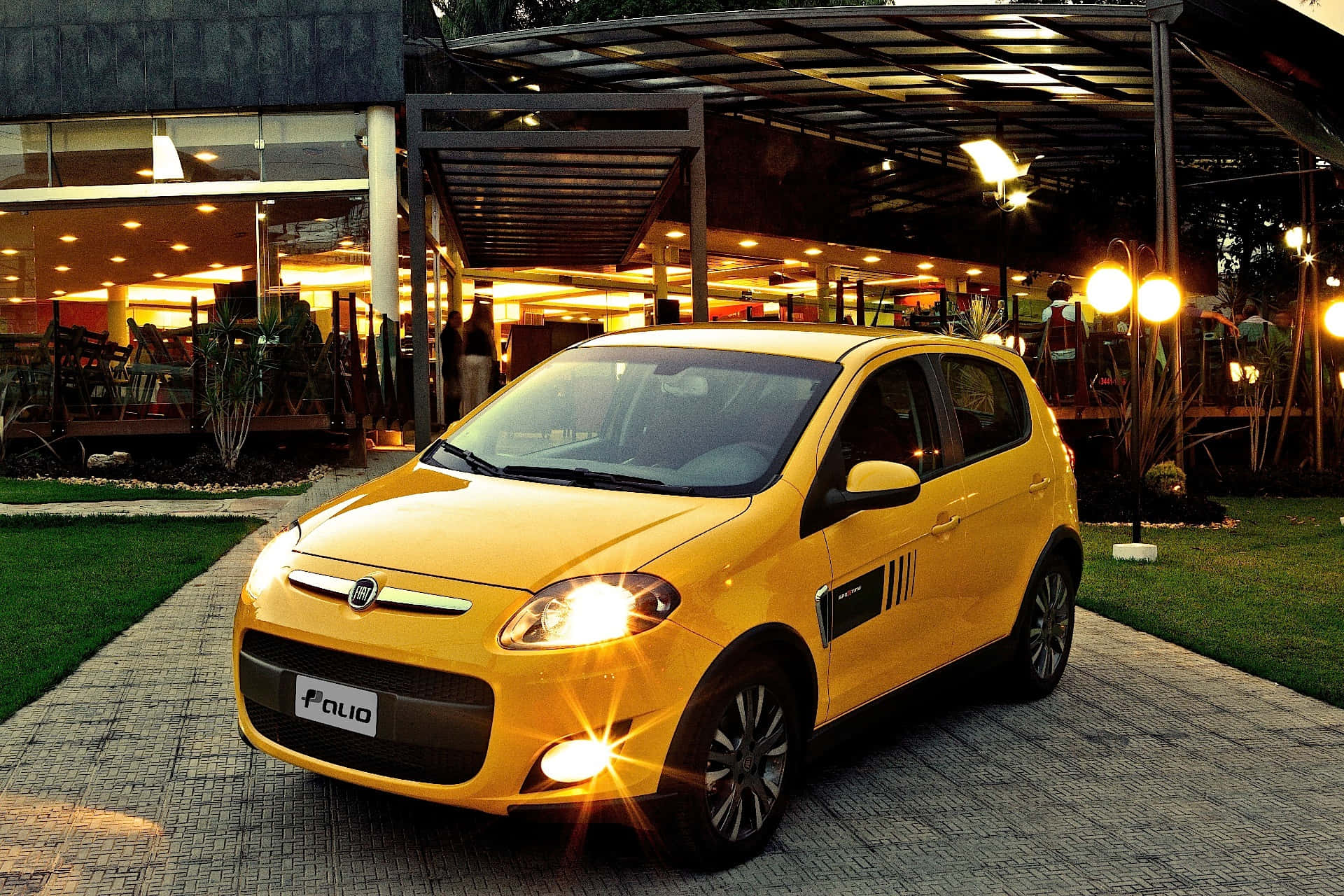 Fiat Palio, bright yellow, paved path, Full HD Desktop Wallpaper