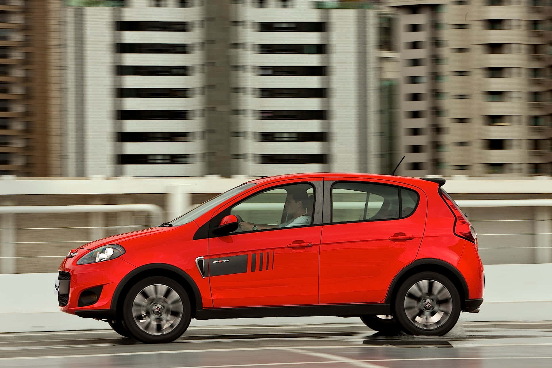 Fiat Palio, vibrant red, city overpass, Full HD Desktop Wallpaper
