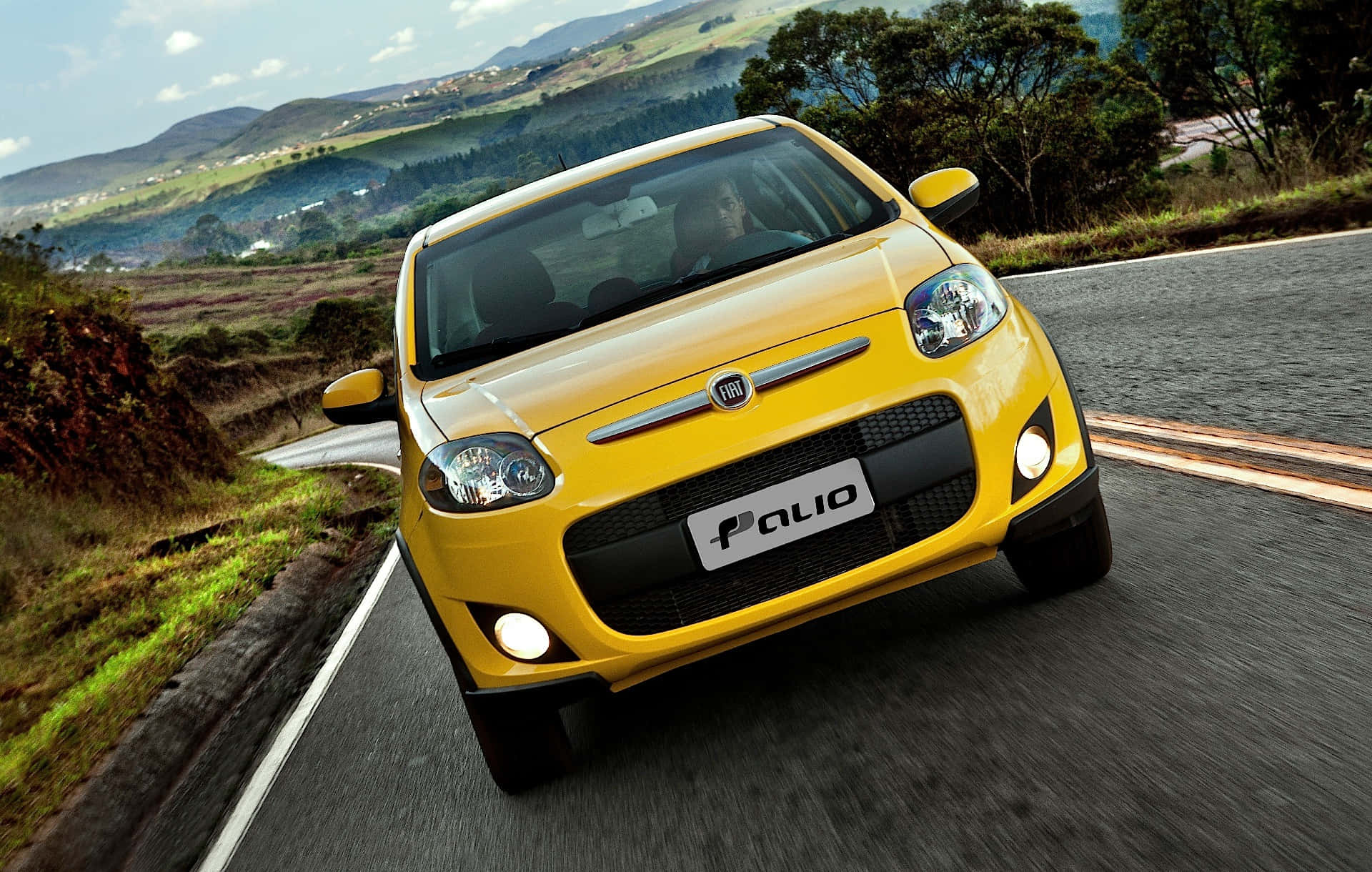 Fiat Palio, bright yellow, winding mountain road, Full HD Desktop Wallpaper