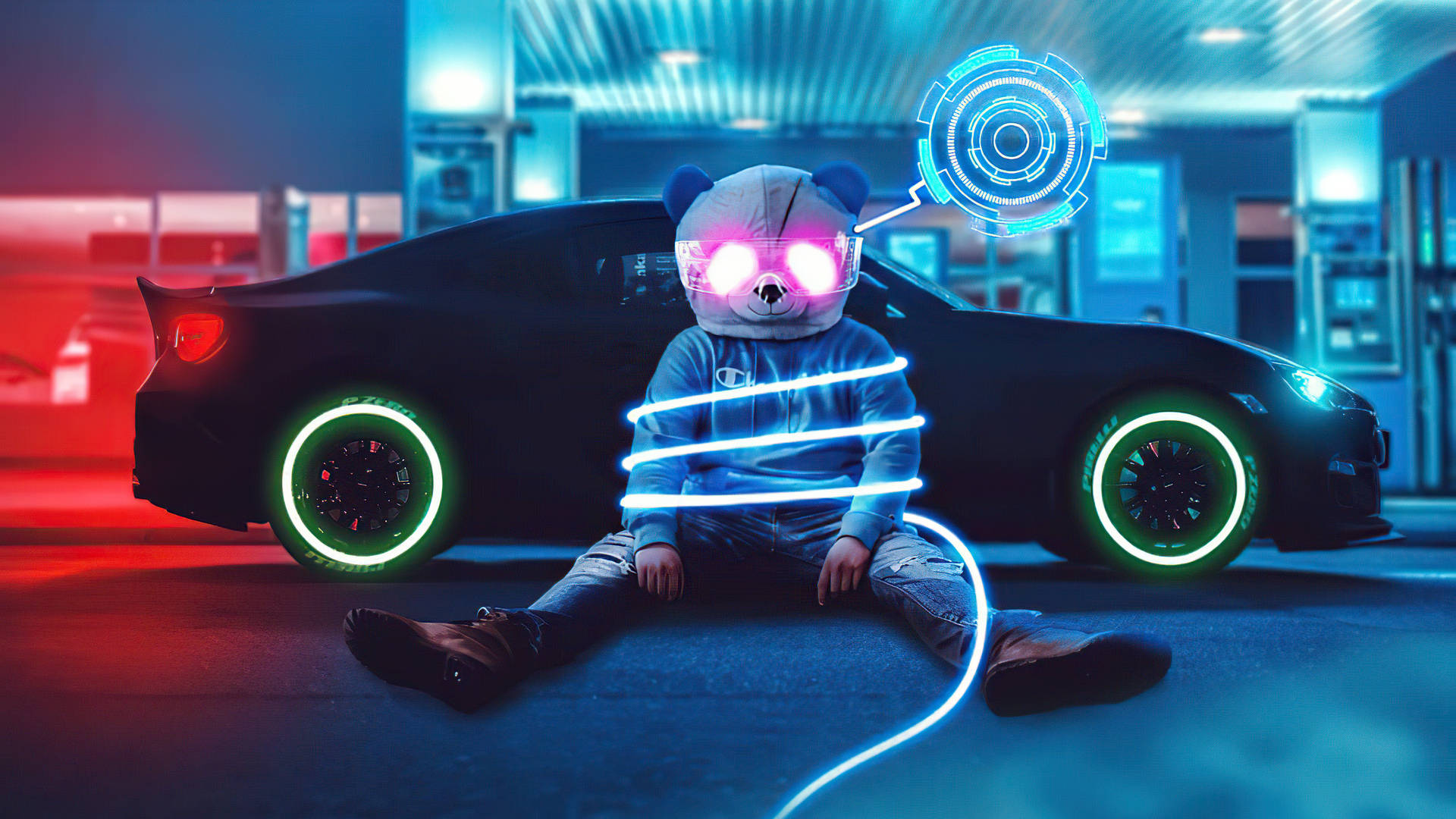 Fiat Panda, neon wheels, cyberpunk gas station, Full HD Desktop Wallpaper