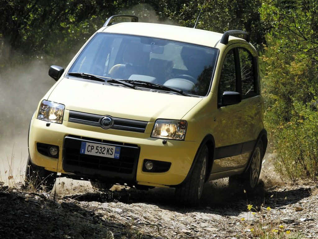 Fiat Panda, yellow, dusty forest trail, SD Desktop Wallpaper