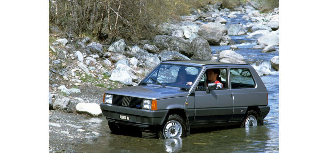 Fiat Panda, gray, rocky river, HD Desktop Wallpaper