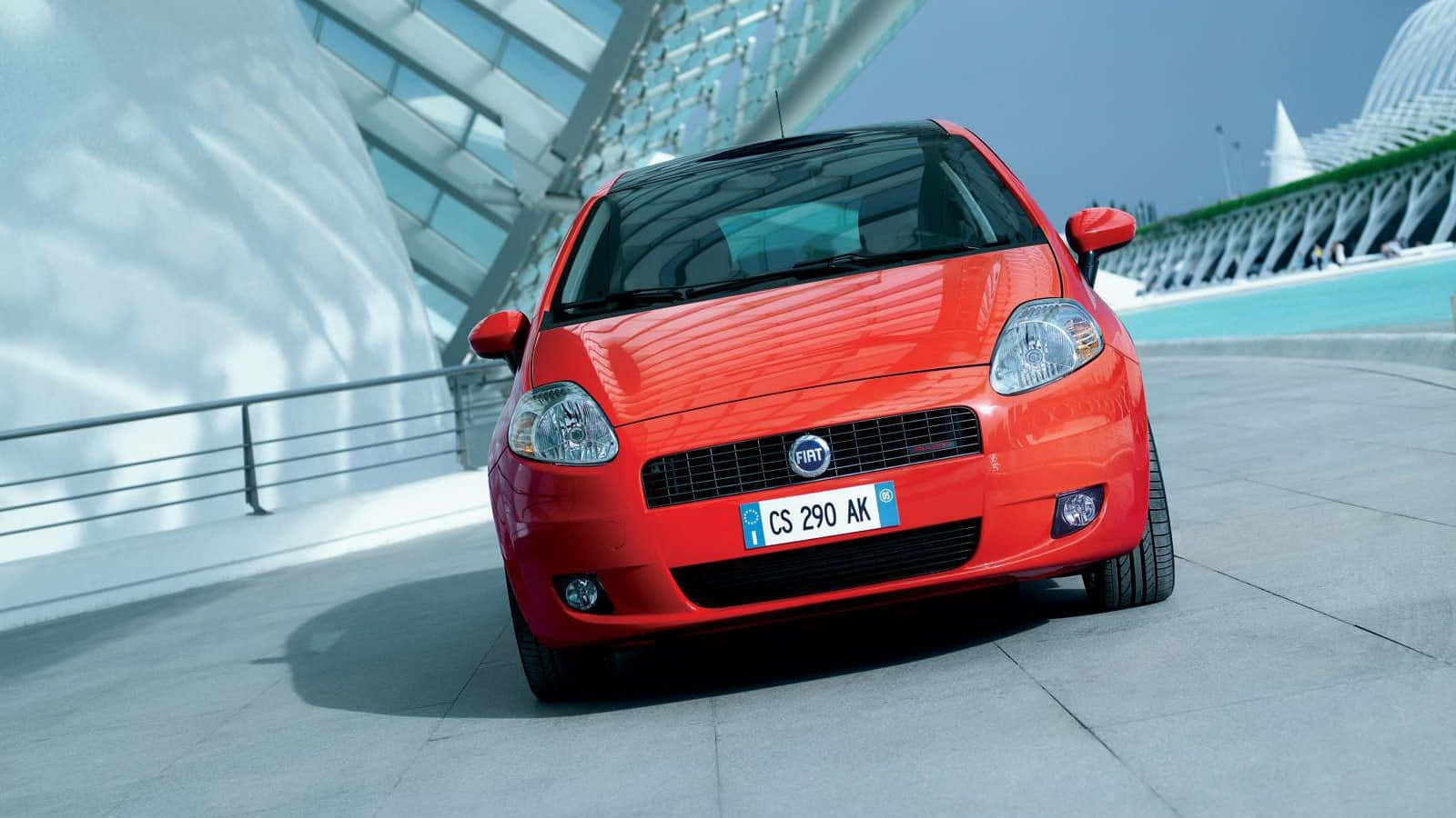 Fiat Punto, vibrant red, modern concrete plaza, HD Desktop Wallpaper
