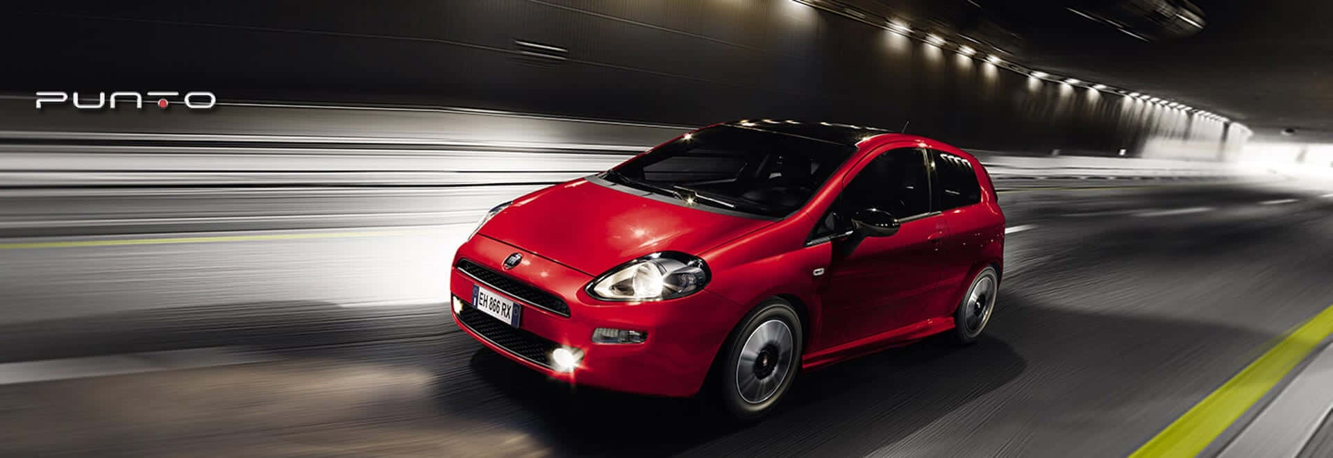 Fiat Punto, vibrant red, dimly lit tunnel, Full HD Desktop Wallpaper