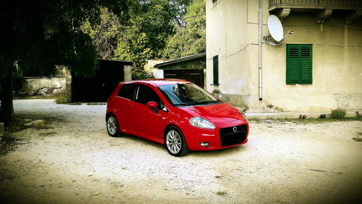 Fiat Punto, vibrant red, dusty gravel driveway, SD Desktop Wallpaper