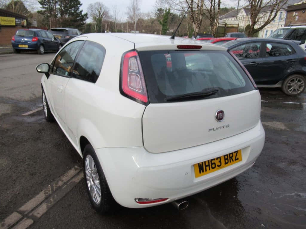 Fiat Punto, white, wet asphalt lot, SD Desktop Wallpaper