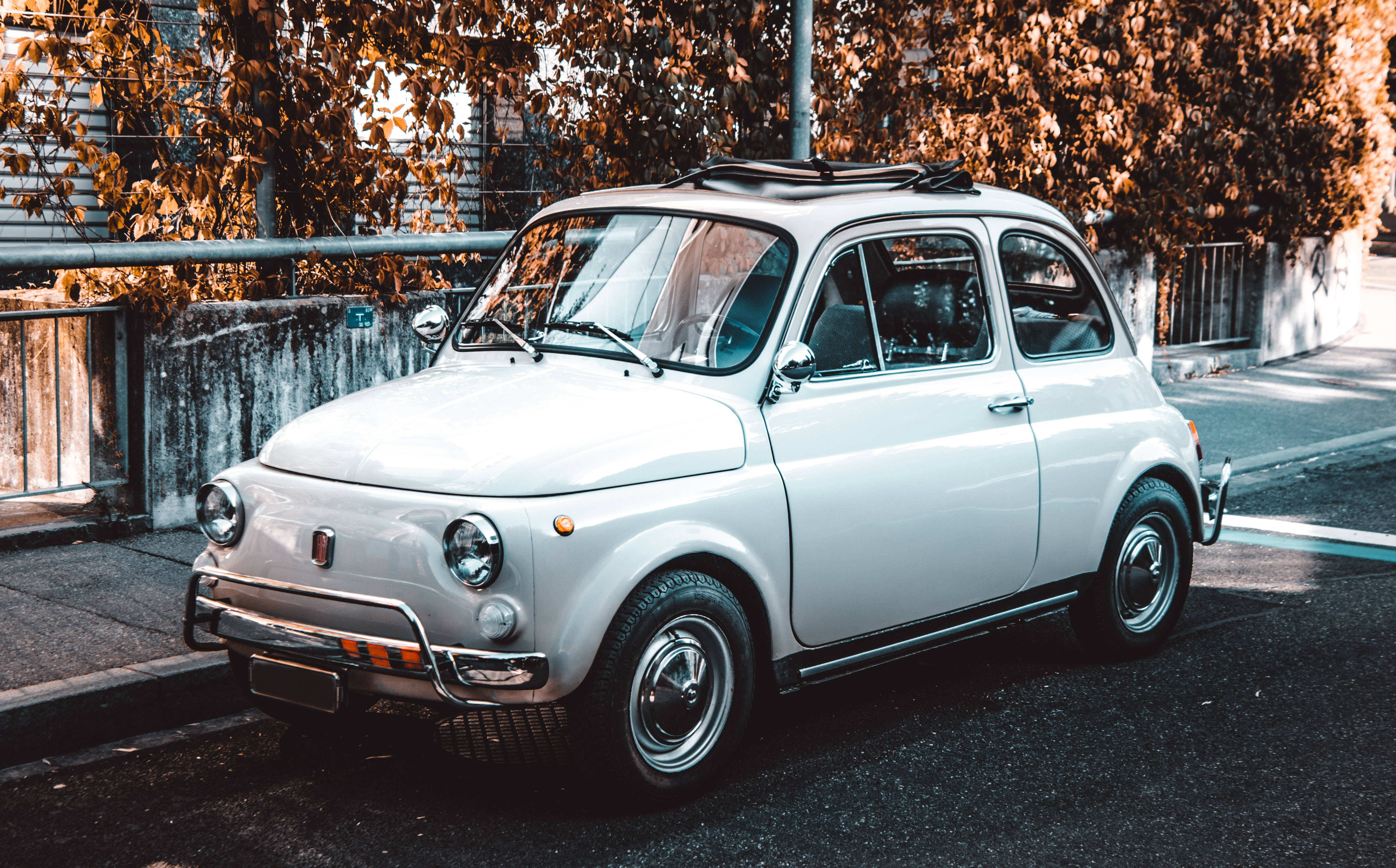 Fiat 500, white, vintage, 5K Desktop Wallpaper