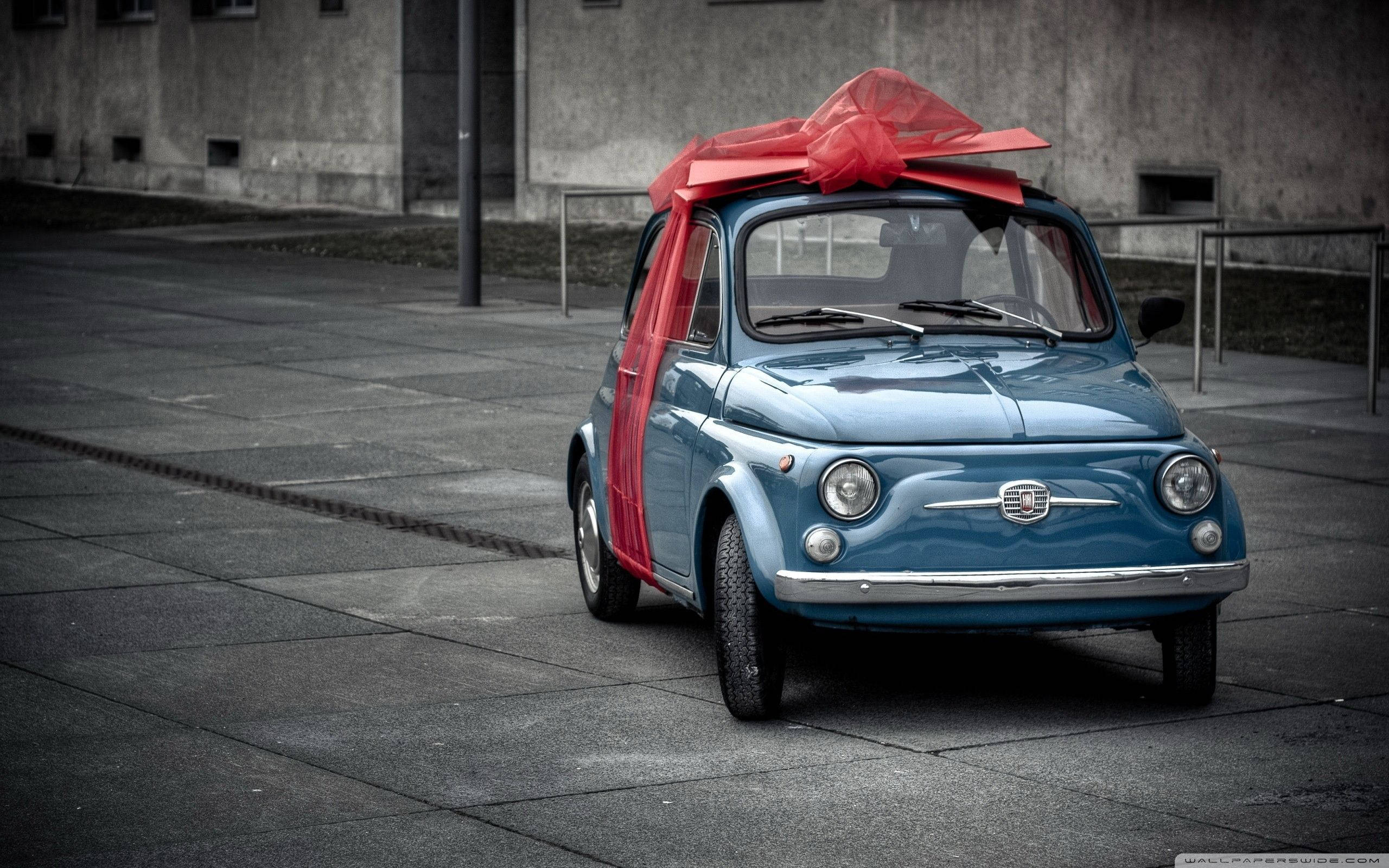 Fiat 500, blue, red bow, 2K Desktop Wallpaper