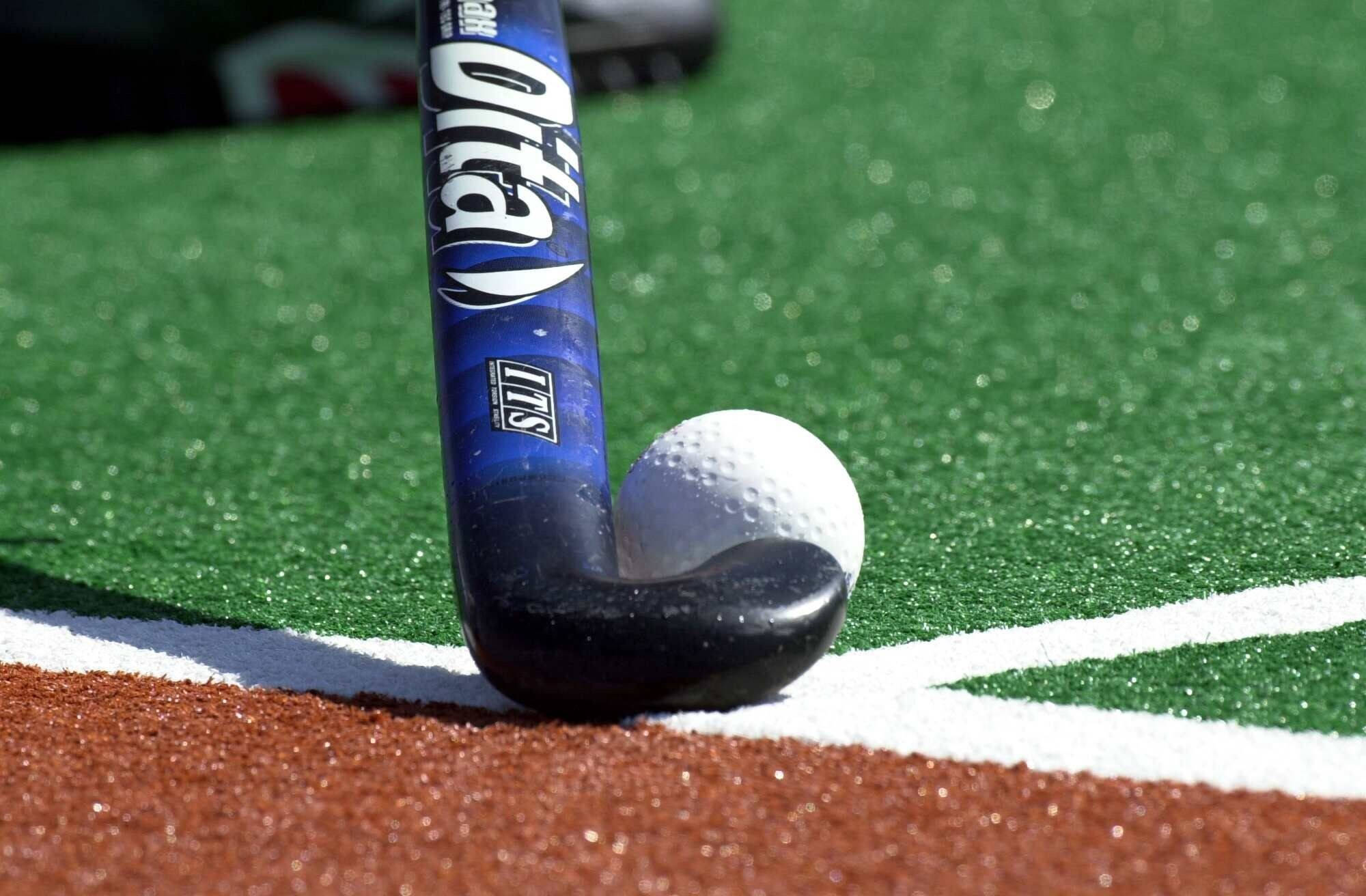 blue field hockey stick, white ball, green turf, Full HD Desktop Wallpaper