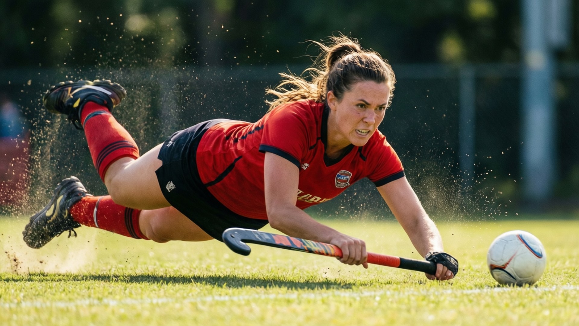female field hockey player, red, grass, Full HD Desktop Wallpaper