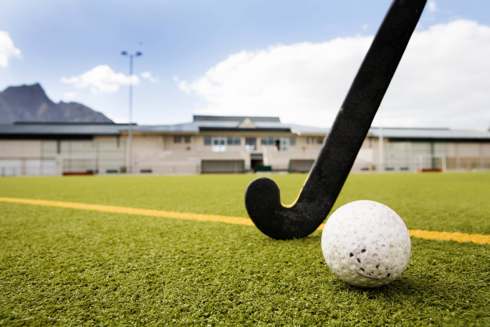 field hockey stick, white ball, vibrant green turf, HD Desktop Wallpaper