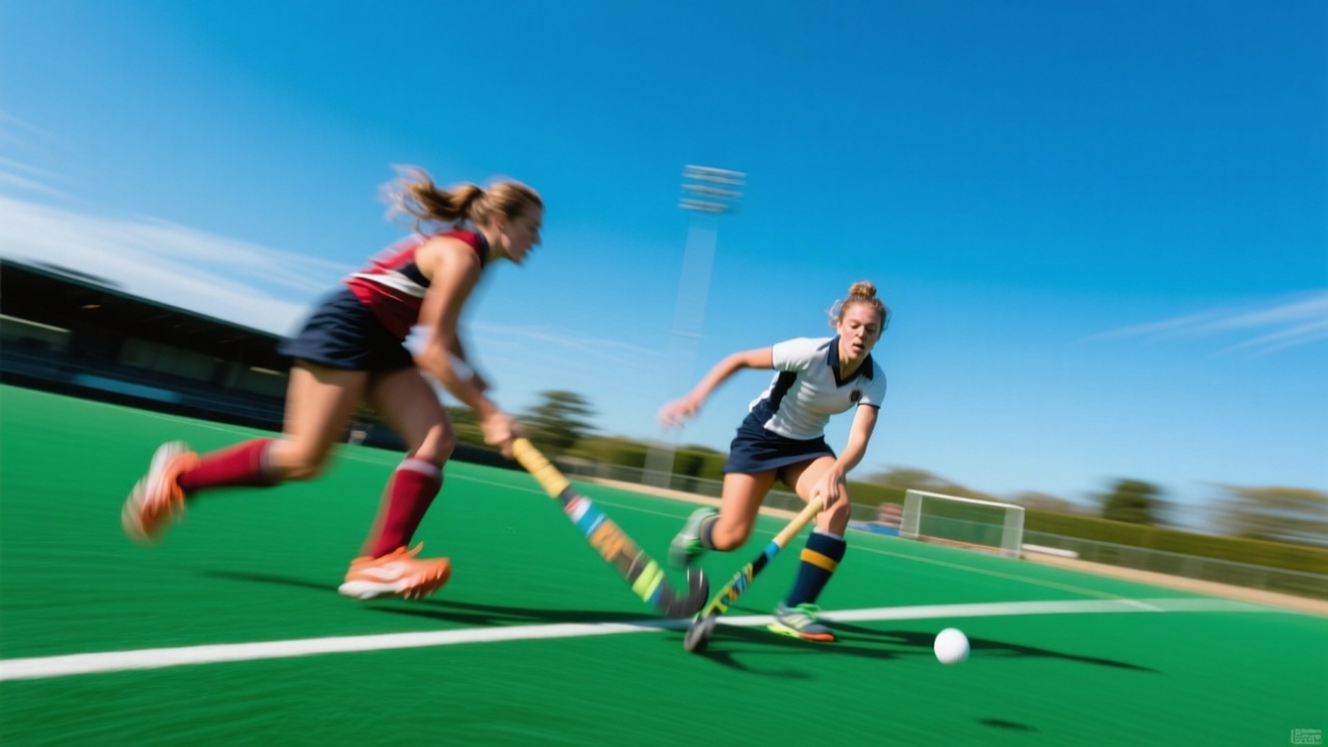 female field hockey players, vibrant green turf, clear blue sky, Full HD Desktop Wallpaper