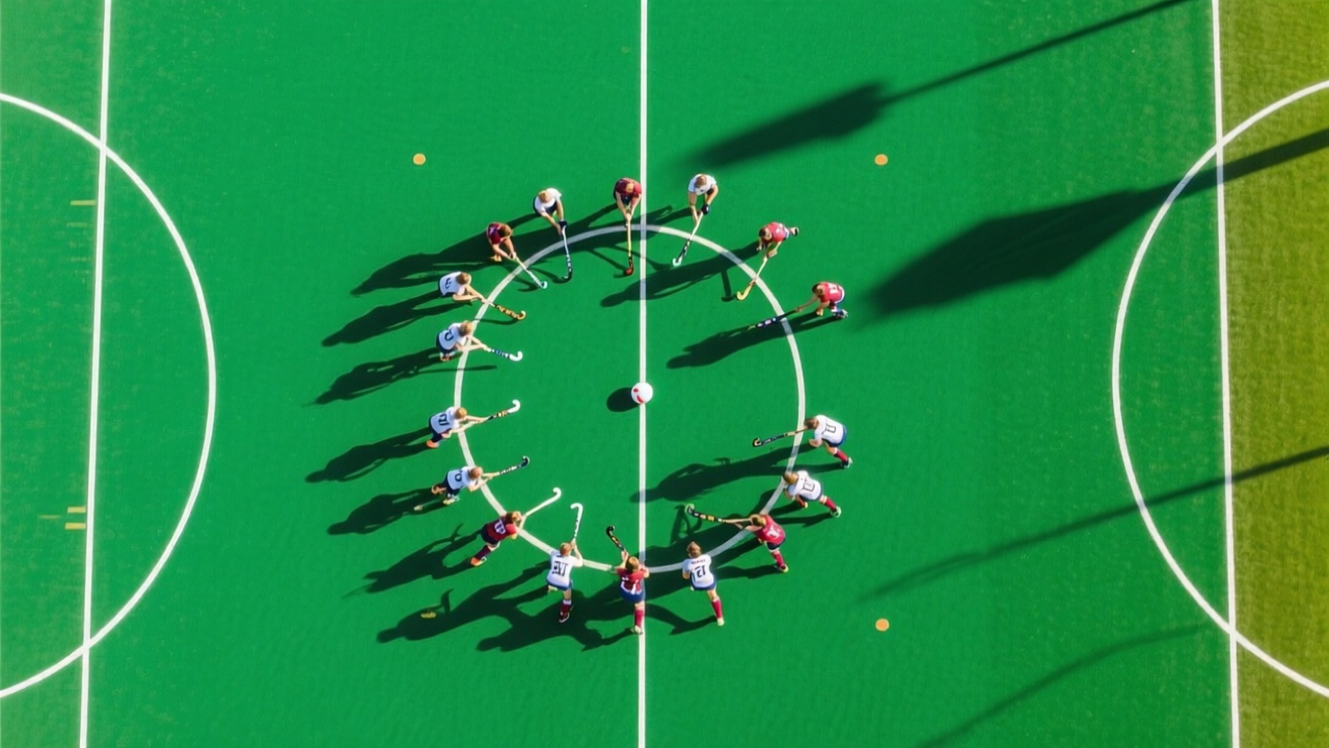 field hockey, red and white uniforms, vibrant green pitch, Full HD Desktop Wallpaper