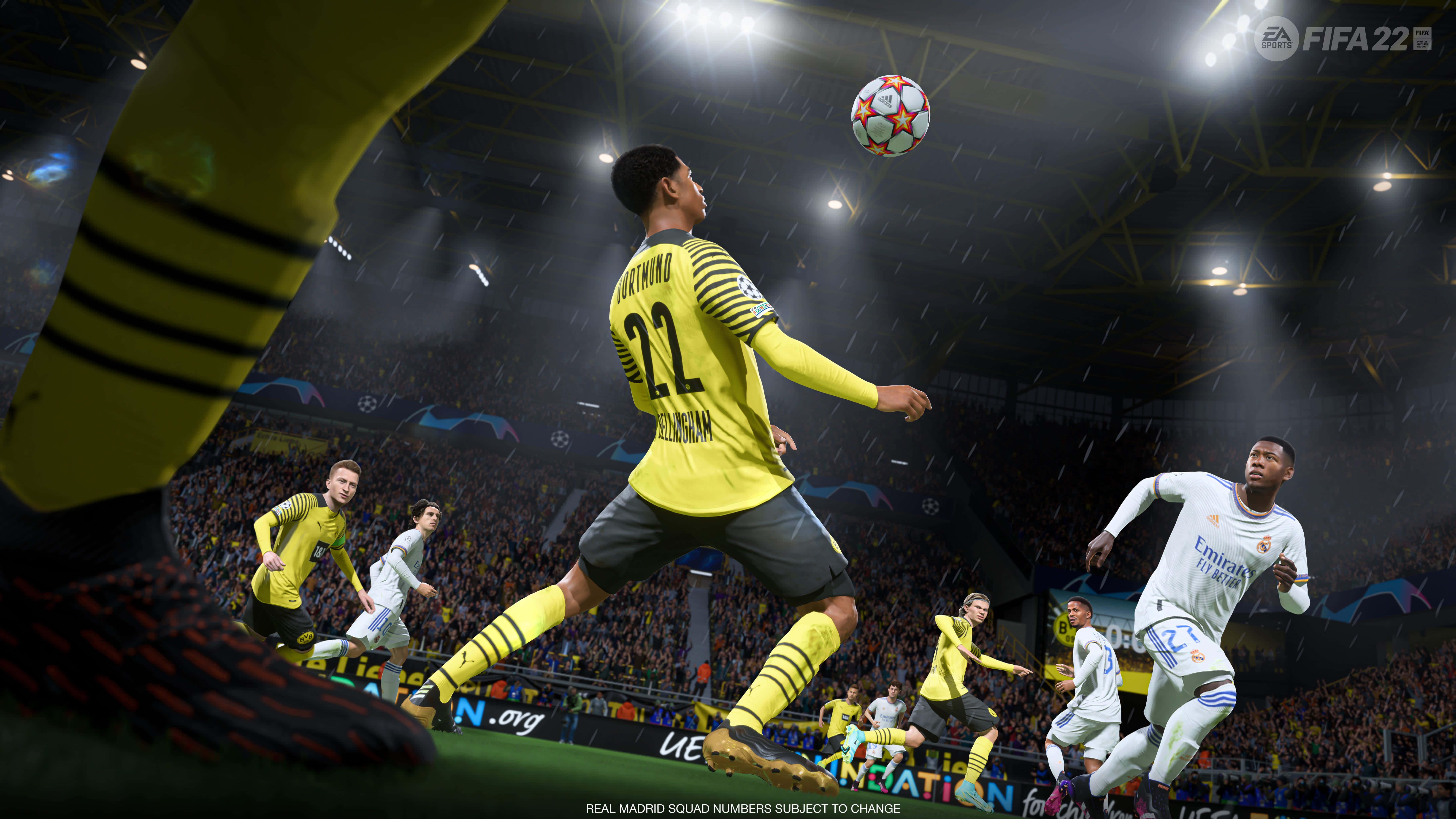 Fifa 22, yellow jersey, rainy night match, 5K Desktop Wallpaper